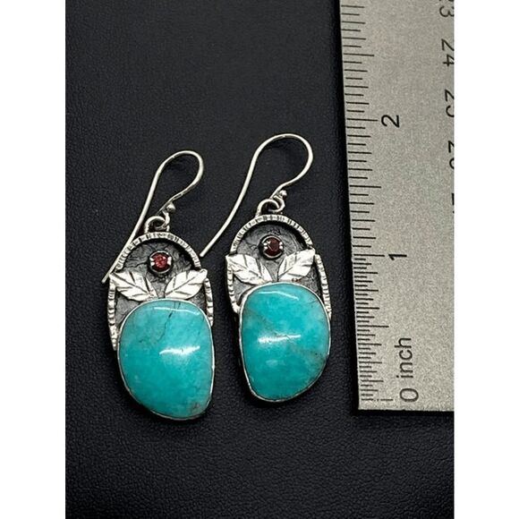 SILVER TURQUOISE RUBY LEAF WESTERN BOHO DANGLE EARRINGS - Picture 2 of 5